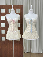 Spaghetti Strap Lace-up Crop Top And Mini Floral Bow Skirt Set