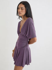 Deep V-neck Short Sleeve Solid Ruched Mini Dress