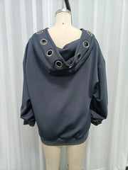 Grey Off-Shoulder Metal Eyelet Hooded Sweatshirt