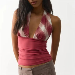 Pink Plaid Halter Deep V Neck Top