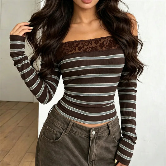 Brown Off-Shoulder Striped Lace Trim Long Sleeve Top