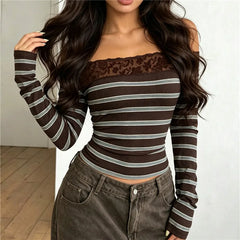Brown Off-Shoulder Striped Lace Trim Long Sleeve Top