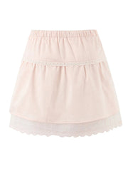 Pink Short Sleeve Button Up Top And Eyelet Trim Mini Skirt
