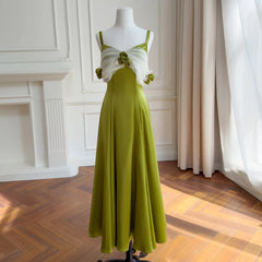 Green Satin Off-shoulder Patchwork Mesh 3d Flower Midi Dress