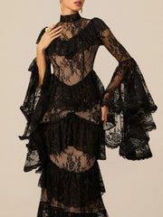 Lace Stand Neck Long Sleeve Patchwork Ruffles Maxi Dress