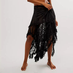 Lace Ruffle Sheer Asymmetrical Hemline Midi Skirt