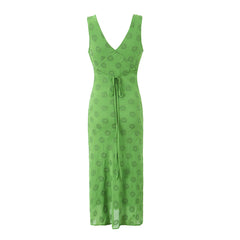 Green Embroidery Hollow Out Tie Bow Midi Tank Dress