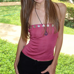 Ribbed Shell Buttons Trim Tube Top