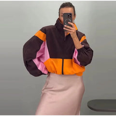 Color Block Collared Zip Up Jacket