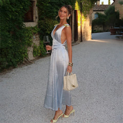 Deep V-Neck Ribbion Tie Up Satin Maxi Dress