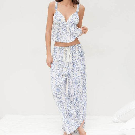 Blue Flower Print V-neck Camisole with Pants Sleepwear Set