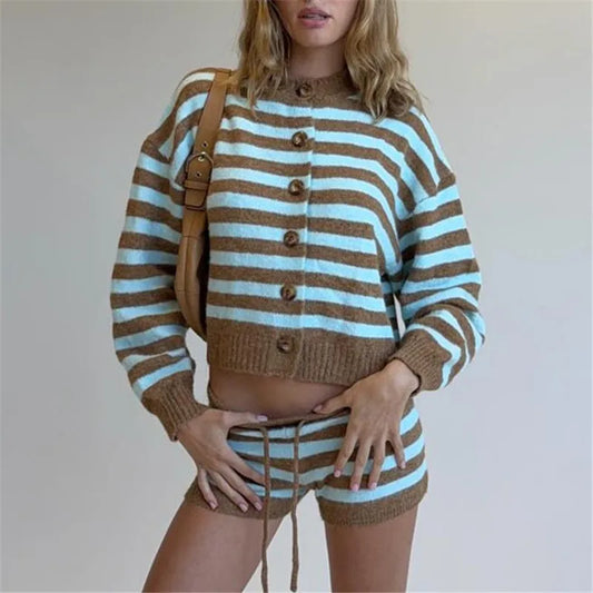 Striped Knit Long Sleeve Button Cardigan And Drawstring Shorts Set