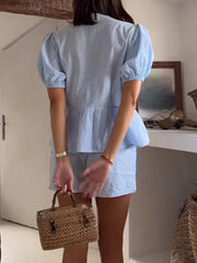 Front Tie Plaid Puff Sleeve Peplum Shirt And Shorts Set