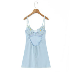Blue Embroidery Lace Strap Babydoll Mini Dress