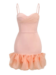 Peach Spaghetti Strap Ruffles Hem Bodycon Mini Dress