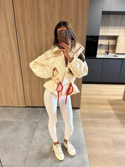 High Neck Snap Button Drawstring Crop Jacket