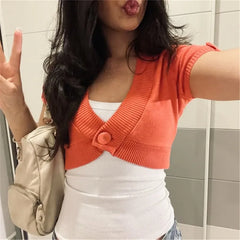 Orange V-Neck Single Button Cropped Knit Top