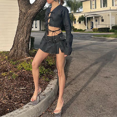 Denim Bow Tie-Up Crop Top And Slit Mini Skirt - Free From Label