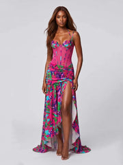 Pink Spaghetti Strap Floral Printed Split Long Dress