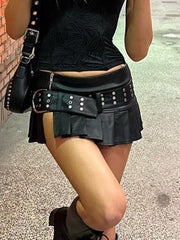 Black Pleated Belted Slit Micro Mini Skirt - Free From Label