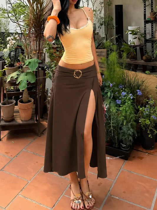 Brown Belted Slit Midi Skirt
