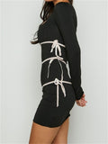 Black Ribbon Tie-Up Long Sleeve Mini Dress
