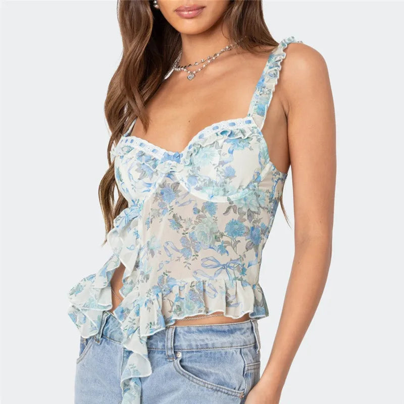 Woman wearing a floral top with ruffled details