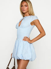 Blue Gingham Smocked Tie Front Keyhole Puff Sleeve Mini Dress