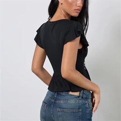 Studded Frill Sleeve Deep V Neck Top