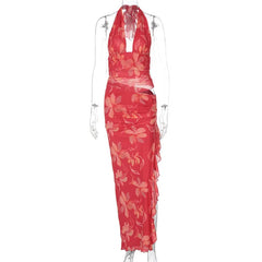 Red Floral Print Halter Deep Neck Ruffled Cut Out Maxi Dress