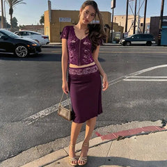 Purple Lace Sheer Short Sleeve Crop Top And Midi Skirt Set