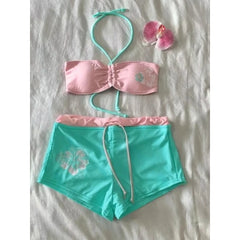 Pink And Blue Flower Printed Bikini Set
