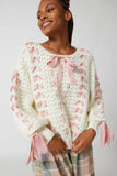 White Cabel Knit Pink Ribbon Bow Sweater