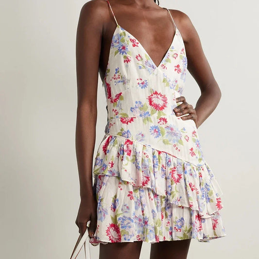 White Floral Print Spaghetti Strap Mini Dress