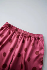 Polka Dot Satin Feather Cuff Shirt And Long Trousers Set