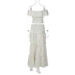 White Polka Dot Crop Top And Side Bow Skirt Set
