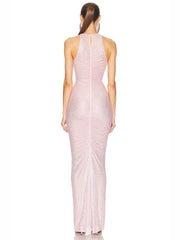 Pink O-Neck Folds Diamonds Long Dress
