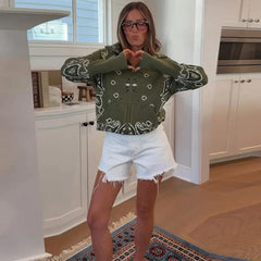 Paisley Knitted Zipper Stand Collar Cardigan Sweatshirt