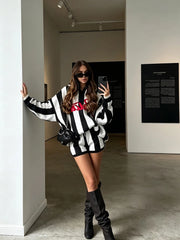 Striped Letter Jacquard Knit Sweater Top And Drawstring Shorts Set
