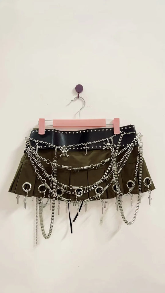 Micro Mini Pleated Belted Chain Skirt