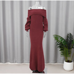 Burgundy Off Shoulder Fold Knit Midi Dress  ﻿ Free From Label