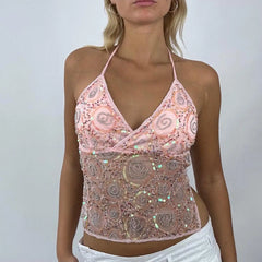 Sparkly V Neck Tie Back Sheer Crop Top