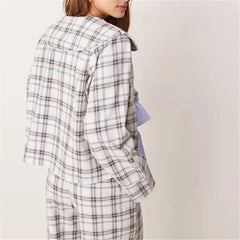Long Sleeve Bow Tie Front Plaid Tops with Elastic Waist Pants Sleepwear Set