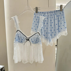 Blue Dotted Lace Patchwork 4 Piece Sleep Loungewear Set