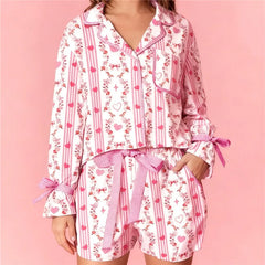 Heart Bow Printed Button Up Long Sleeve Top and Shorts Lounge Wear Set