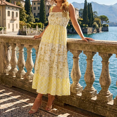 Strappy Tie-Up Smocked Printed Patchwork Maxi Dress