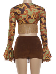Long Sleeve Crop Top And Tassel Patchwork Mini Skirt Set
