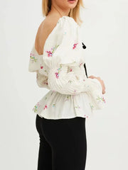 Bow Tie Floral Print Long Sleeve Ruched Blouse