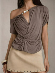 Off Shoulder Short Sleeve Folds T-shirt