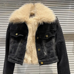 Faux Fur Collar Quilted Denim Crop Jacket